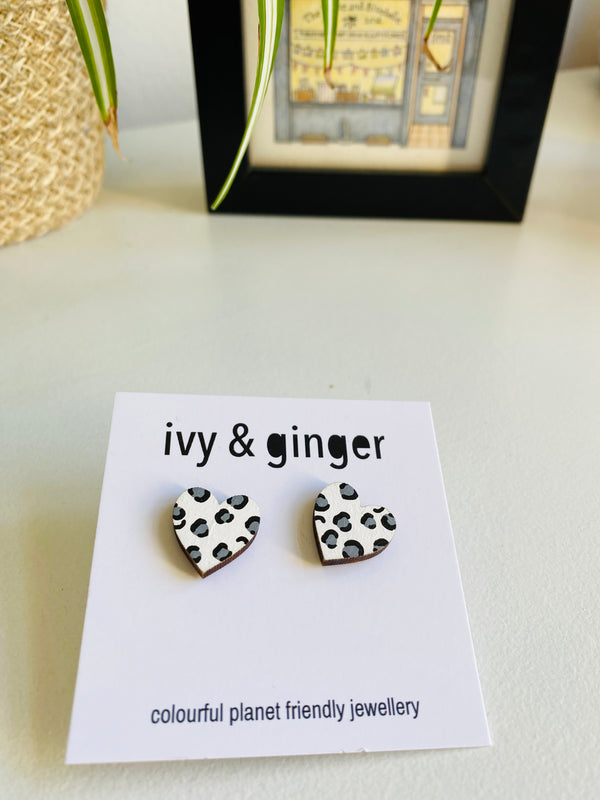 White and Grey leopard heart Earrings